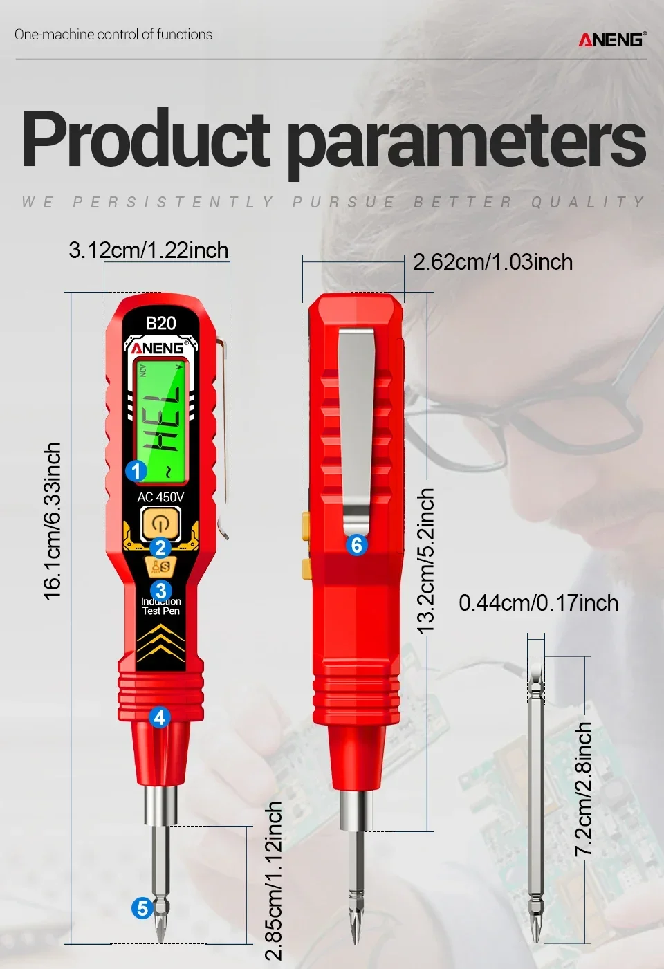 ANENG B20 Doppelkopf-Schraubendreher, intelligente Erkennung, 11 V ~ 450 V AC-Spannungserkennung, Schlitz-Kreuz-Digital-Meter-Teststift mit doppeltem Verwendungszweck – Detail 11