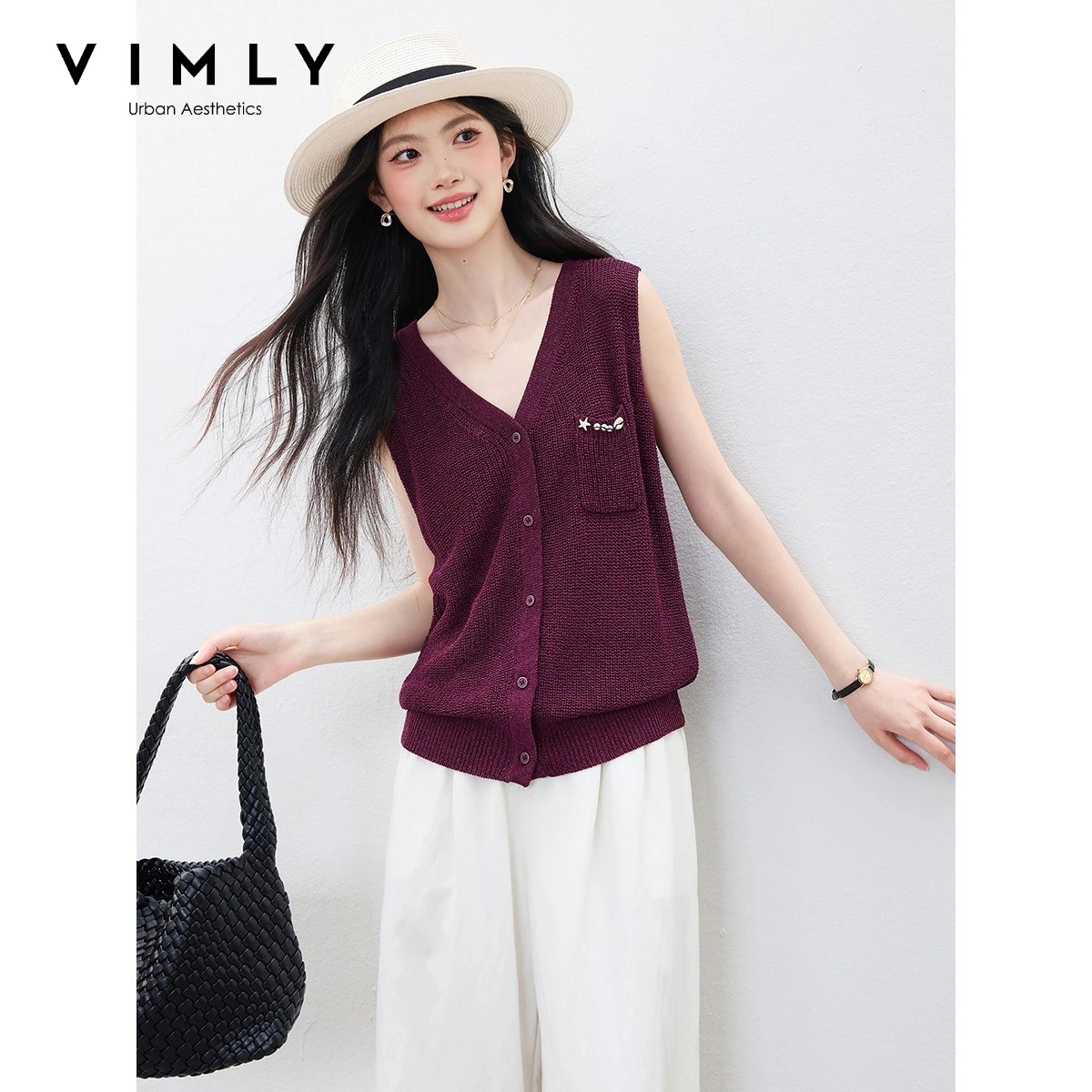 VIMLY Women Simple Tanks 2026 New Summer Purple V Neck Sleeveless Knitted Vest with Shell Commuter Top Casual Wear 75368