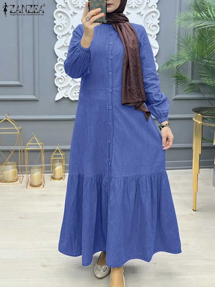 

2025 ZANZEA Women Long Sleeve Abaya Dubai Turkey Long Dress Islamic Clothing Eid Mubarek Muslim Dresses Vintage Ruffles Vestido