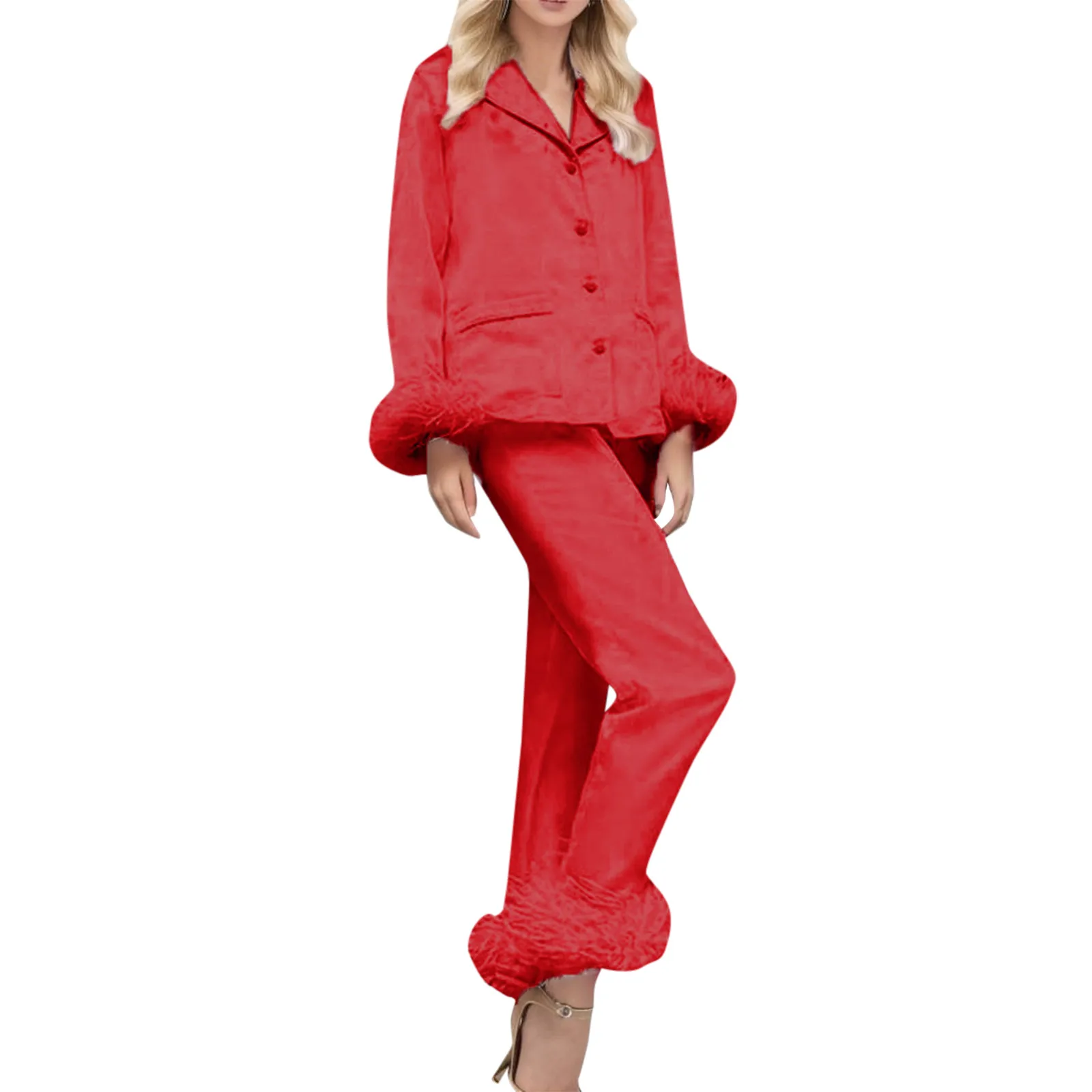 Women Fashion Satin Fur Hem Pajamas Solid Color Silk Buttons Shirt Long Pant Spring Autumn Vintage Elegant Homewear Sleepwear