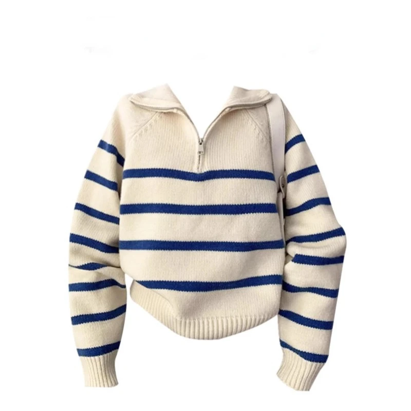 

Half Zipper Casual Contrast Color Striped Women Sweaters Turn Down Collar Long Sleeve Pullovers Sweet Fashion Jumpers