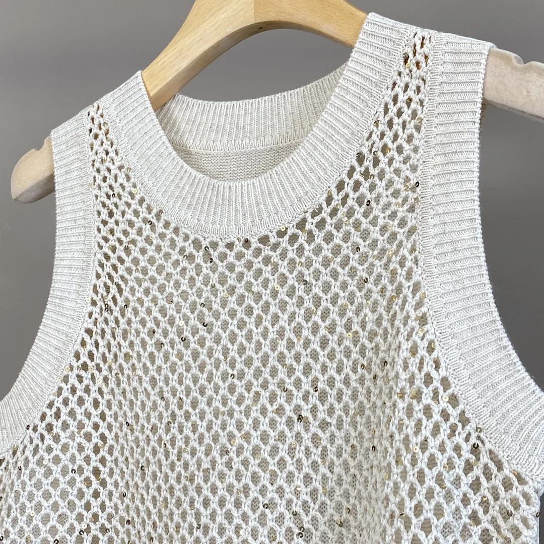 

2025 женский весенне-летний новый льняной жилет без рукавов с круглым вырезом и блестками, модный универсальный топ без рукавов