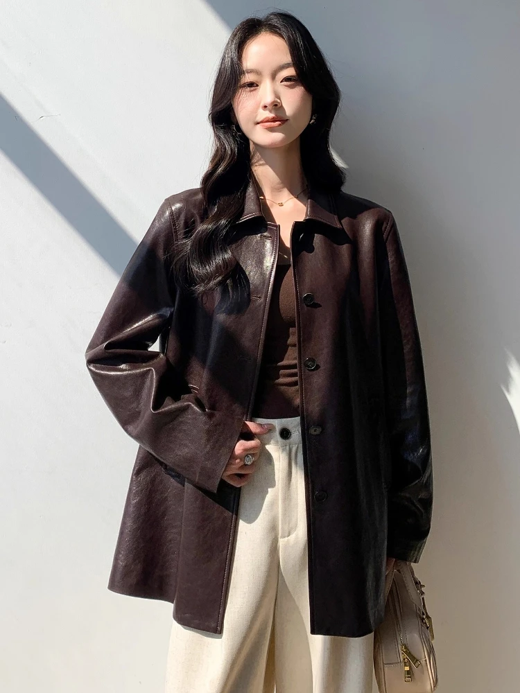 

Vintage Genuine Leather Blazer Jackets for Women Spring Autumn 2025 New High-end Simple Loose Soft Oil Wax Real Sheepskin Coat