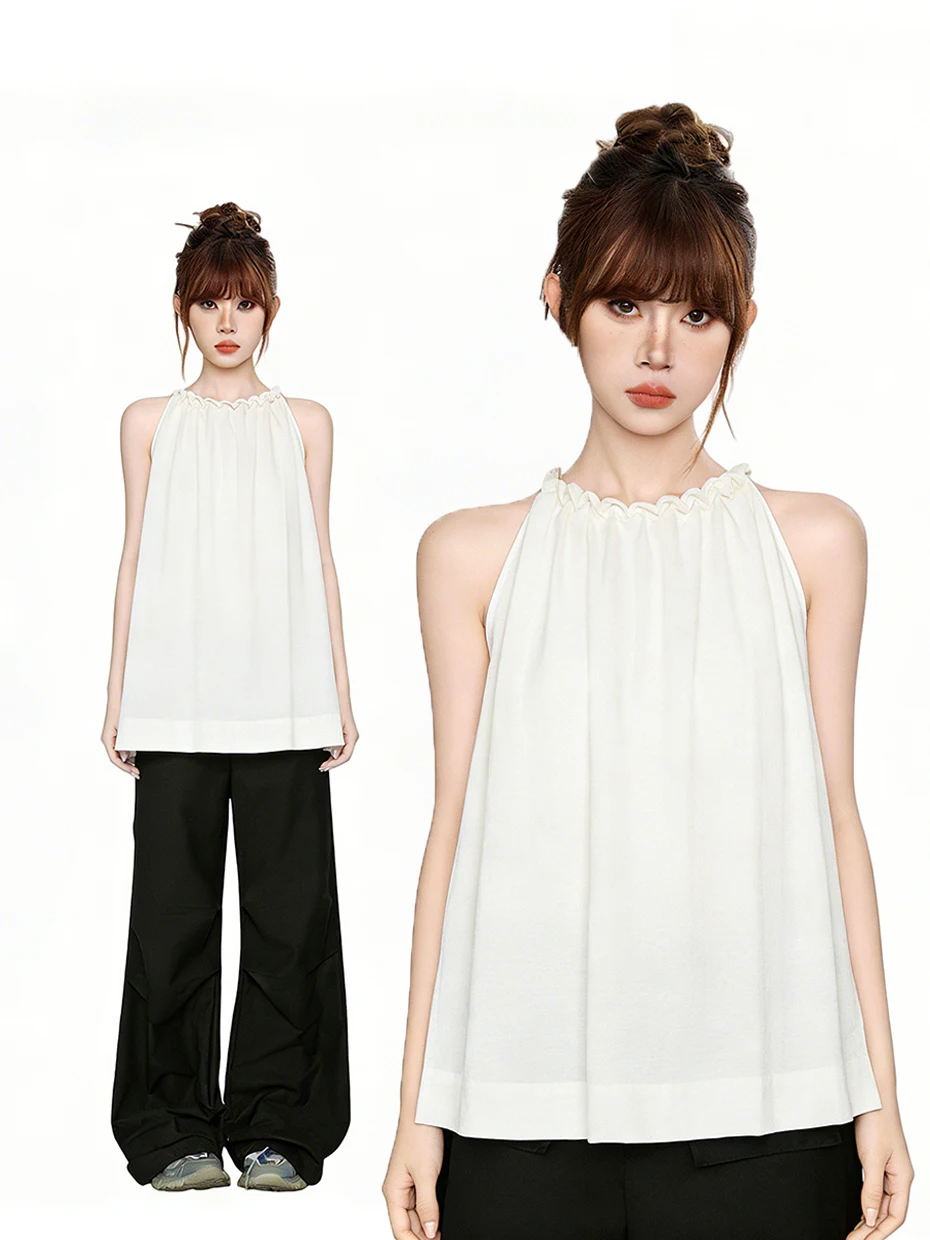 

Stylish Sleeveless Neckline Shirt Women's Summer Fashion Pleated Slimming Shoulder Bared Top Korean Style Loose Fit round Neck