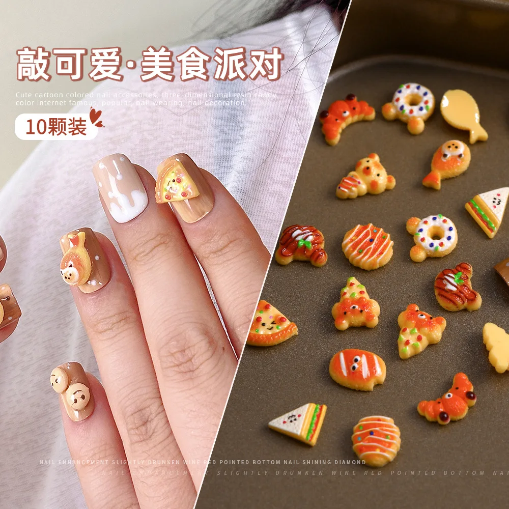 10pcs 3D Simulation Cartoon Food Party Nail Art Accessories Kawaii Cute Resin Bread Bear Nail Charms DIY Nails Decorations Parts