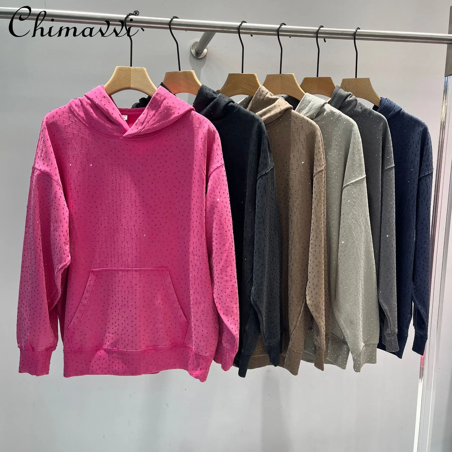 Sudadera de manga larga con diseño de diamante pesado para mujer, jersey de calle versátil, informal, holgado, ajustado, a la moda, otoño 2025