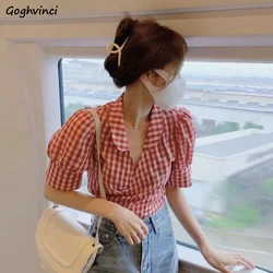 Shirts Women Plaid Puff Sleeve Thin Crop Top Slim Design Kawaii Sweet Sexy Retro Stylish Ins Gentle Рубашки Korean Style Classic