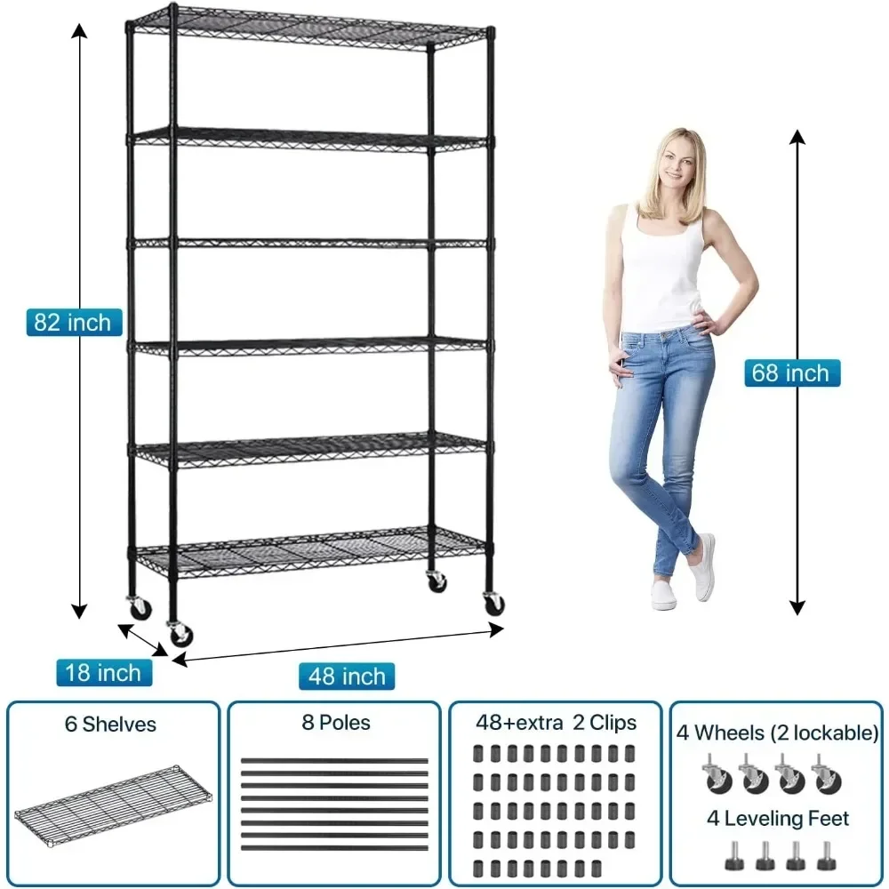 6 Tier Adjustable Wire Shelving Unit w/ Wheels,Heavy Duty Commercial Grade Storage Metal Shelving Rack for Garage Pantry Kitchen