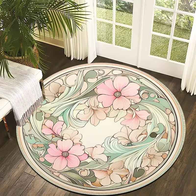 Cherry Blossom Round Rug Golden Branch Swirl Pattern Circular Area Rug Anti-Slip Elegant Oriental Decor for Bedroom