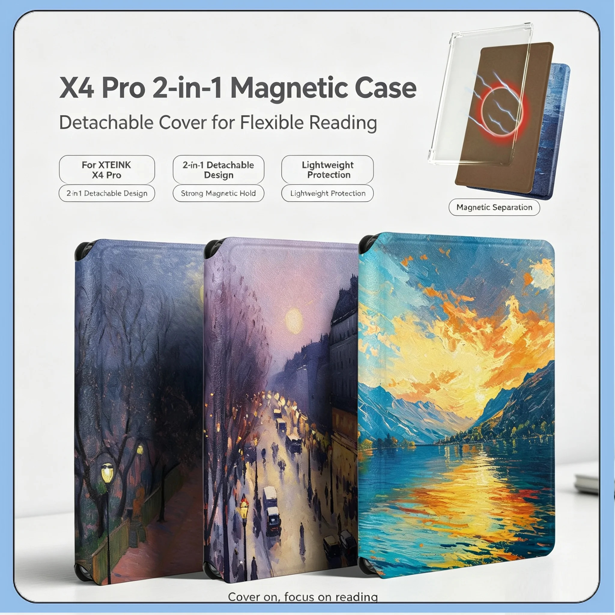 For XTEINK X4Pro 4.3 Inch E-Ink Reader 2-in-1 Magnetic Detachable Protective Cases Clear Inner Shell Magnetic Folio Flip Cover
