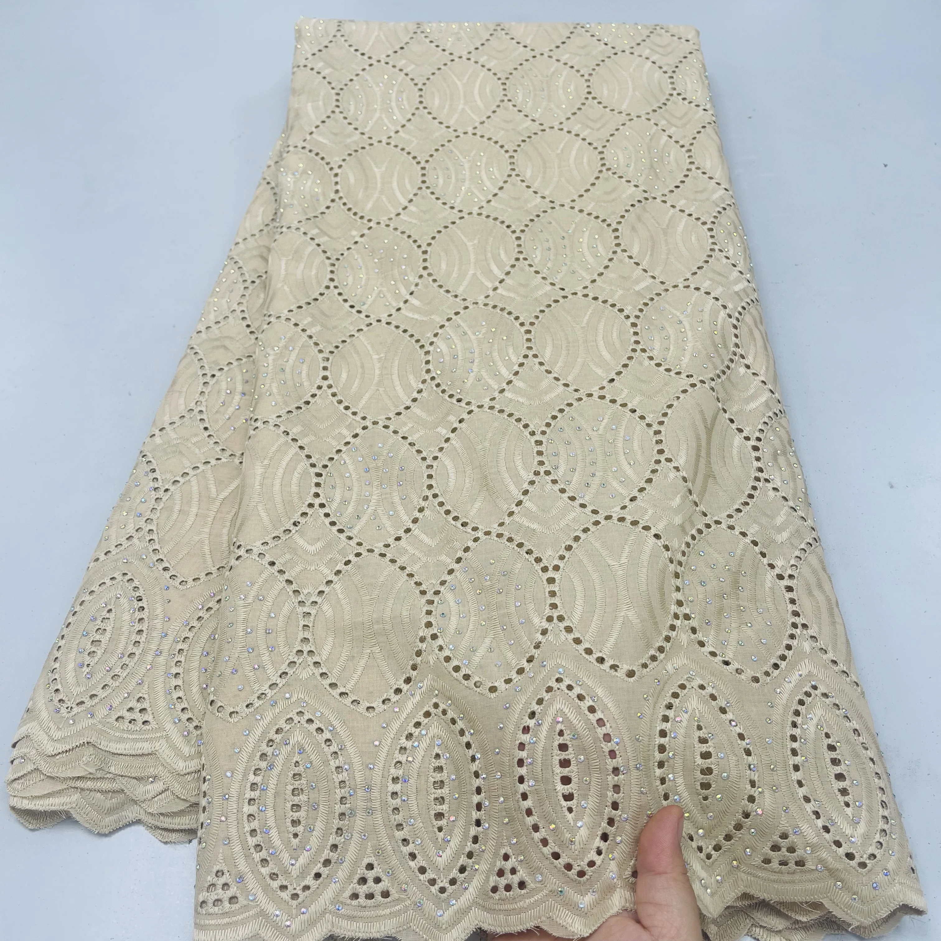 

Elegant 5Yards African Swiss Voile Lace Fabric Embroidery High Quality With Stones Dry 100%Cotton Dubai Style For Party Wedding