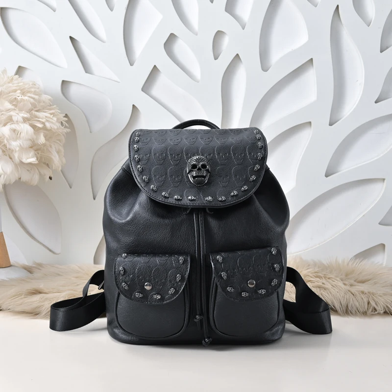 

SHELKSBAG Fashion Motorcycle Womens Backpacks 2025 Street Trend Gothic Skull Rivets Twin Pockets Back Pack Large School Bags