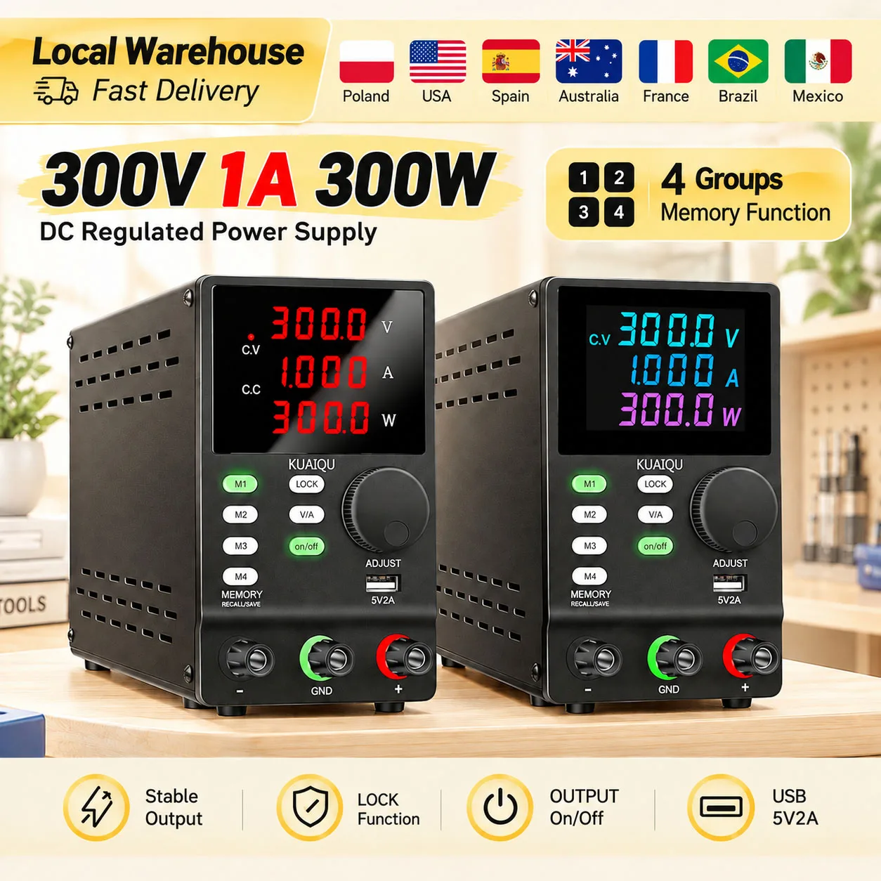 KUAIQU 300V 1A 300W DC Power Supply Adjustable Switching Power Source Memory/LOCK/OUTPUT Bench Voltage Regulator for Lab Repair