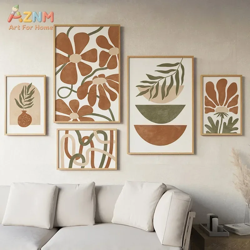 AZNM Boho Neutral Abstract Canvas Print Terracotta Floral Palm Leaf Geometric Line Arch Shape Minimalist Earth Tone Wall Poster