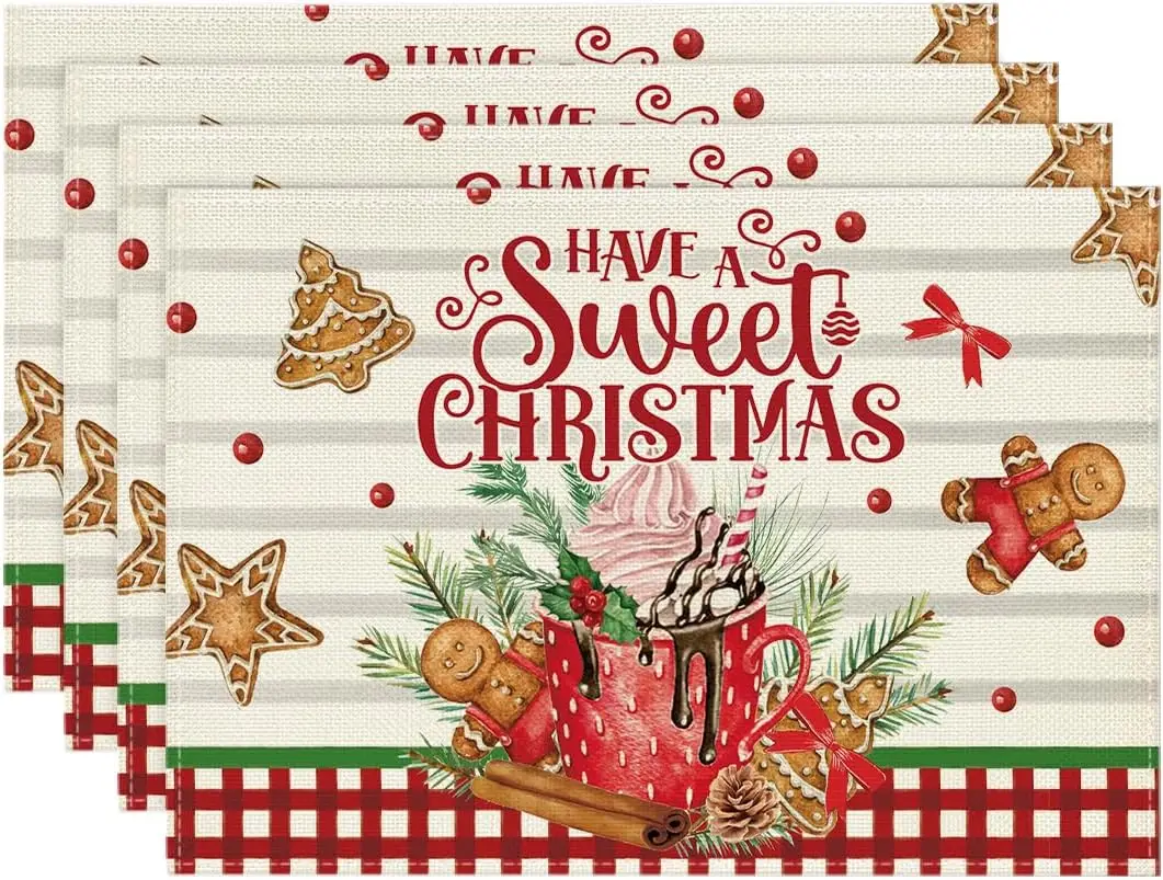 Ice Cream Gingerbread Christmas Placemats 4pcs 12x18 Inch Winter Table Mats for Party Kitchen Dining Decoration