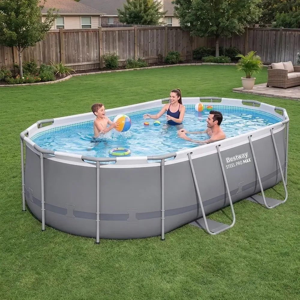 Oval Above Ground Swimming Pool Set, 530 GPH Filter Pump, Ladder, Puncture Resistant Liner, Steel Frame, Gray