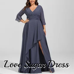 Plus Size Mutter der Braut Kleider elegante Chiffon geraffte Hochzeits feier Kleider V-Ausschnitt Dreiviertel Hochzeit Gast Kleid benutzer definierte