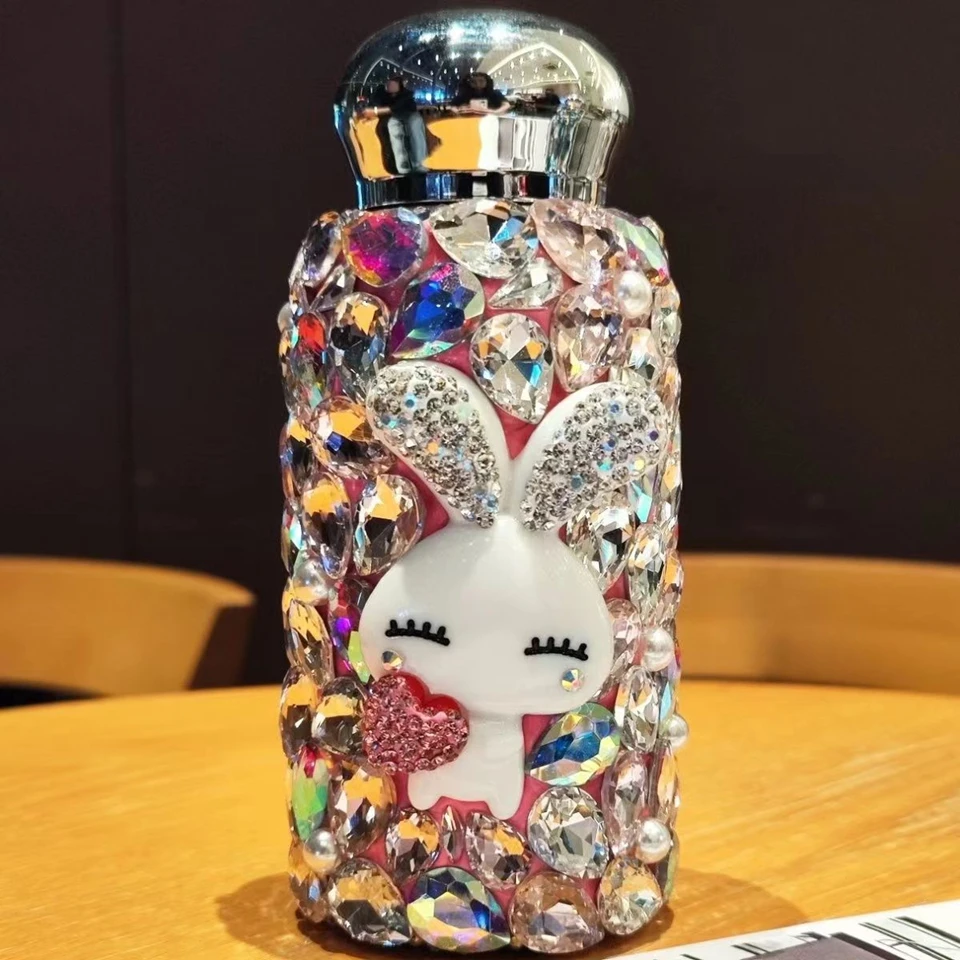 Cute Rabbit Style Diamond Cup Insulation Stainless Steel Rhinestone Portable Water Bottle for Children Birthday Girl Gifts