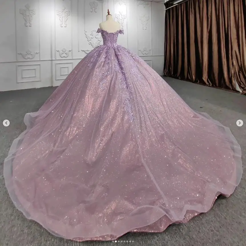 Stara purpura księżniczka Quinceanera ubiera się z odkrytymi ramionami aplikacja kwiatowa sznurowany gorset vestido de 15 quinceañeras morado