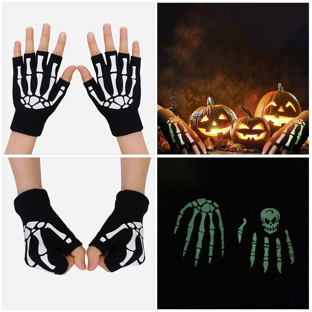 Luminous Skull Gloves Outdoor Sports Halloween Half-finger Creepy Atmosphere Winter Acrylic Fiber Decorative Warm