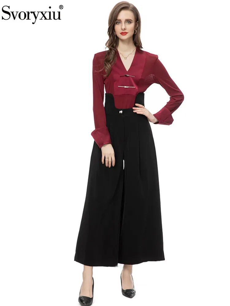 

Svoryxiu Runway Autumn Vintage Holiday Party Trouser Suit Women's Long Sleeve Straight Shirt Tops+High Waist Wide Leg Pants