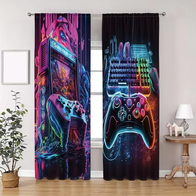 Retro Gaming Arcade Aesthetic Curtains for Man Cave Bedroom Gaming Room Digital Art Style Window Drapes