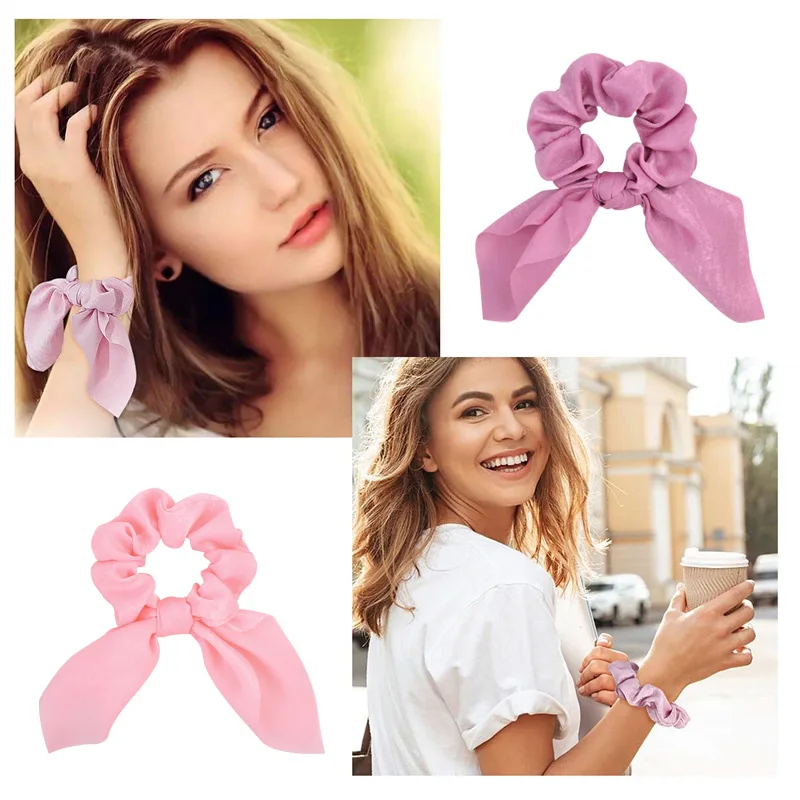 Chiffon Bowknot Elastic cabelo bandas para mulheres e meninas, cor sólida Scrunchies, Headband, laços, rabo de cavalo titular, acessórios para o