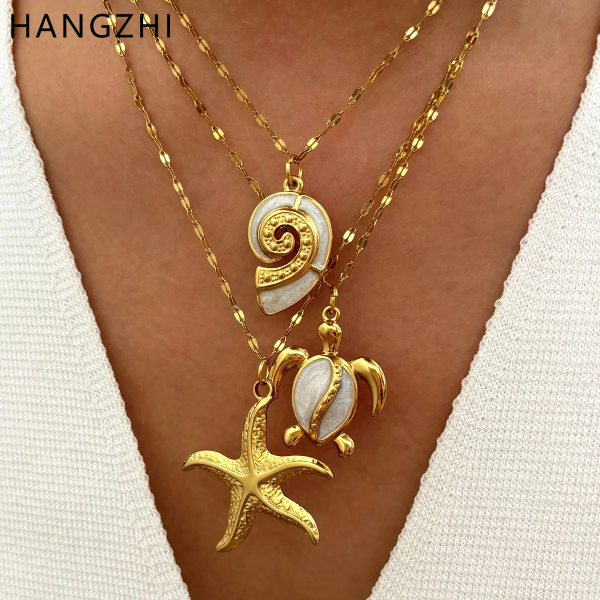 HangZhi Titanium Steel Dripping Oil Sea Turtle Conch Starfish 18K Gold Plated Necklace Waterproof Ocean Style Jewelry for Women