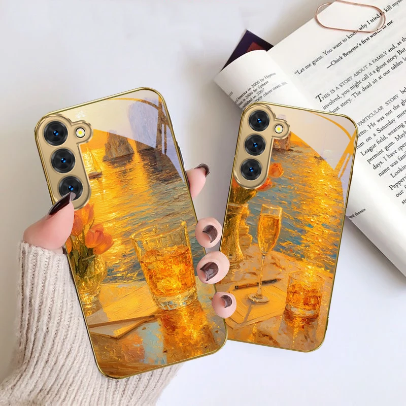

Seaside Twilight Painting For Samsung Galaxy S26 S20 FE S21 S22 S23 Plus S24 Ultra S25 Ultra S21 S25 S22 Golden glass phone case