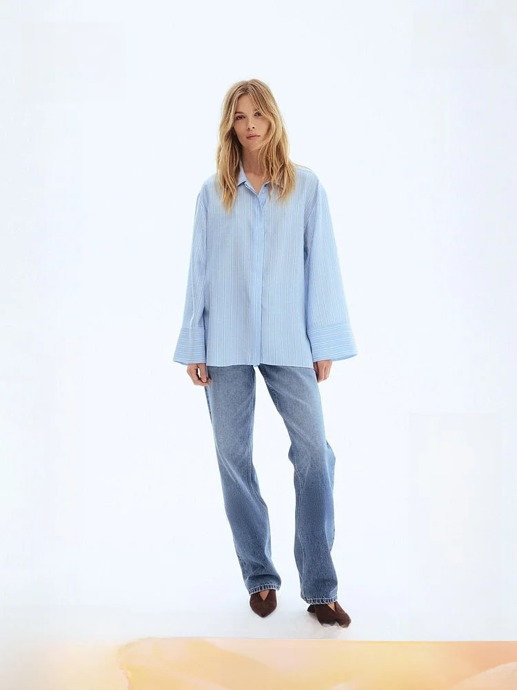 

Spring New Women's Loose Fit irt H&M Casual Sle Long Sve Button up Polyester Viscose Blend Comfortable Ladies' Blouse