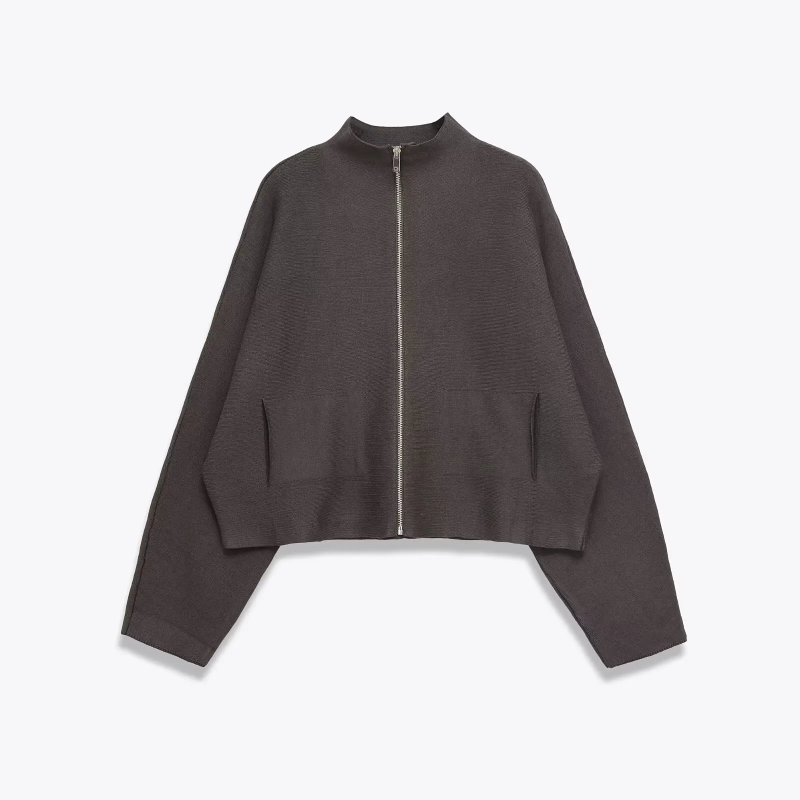 

KIDCRKJ Women Spring Knit Coat Stand Collar Grey Zipper Fly Loose Motorcycle Jacket For Female Commuting Casual Lady Outwear