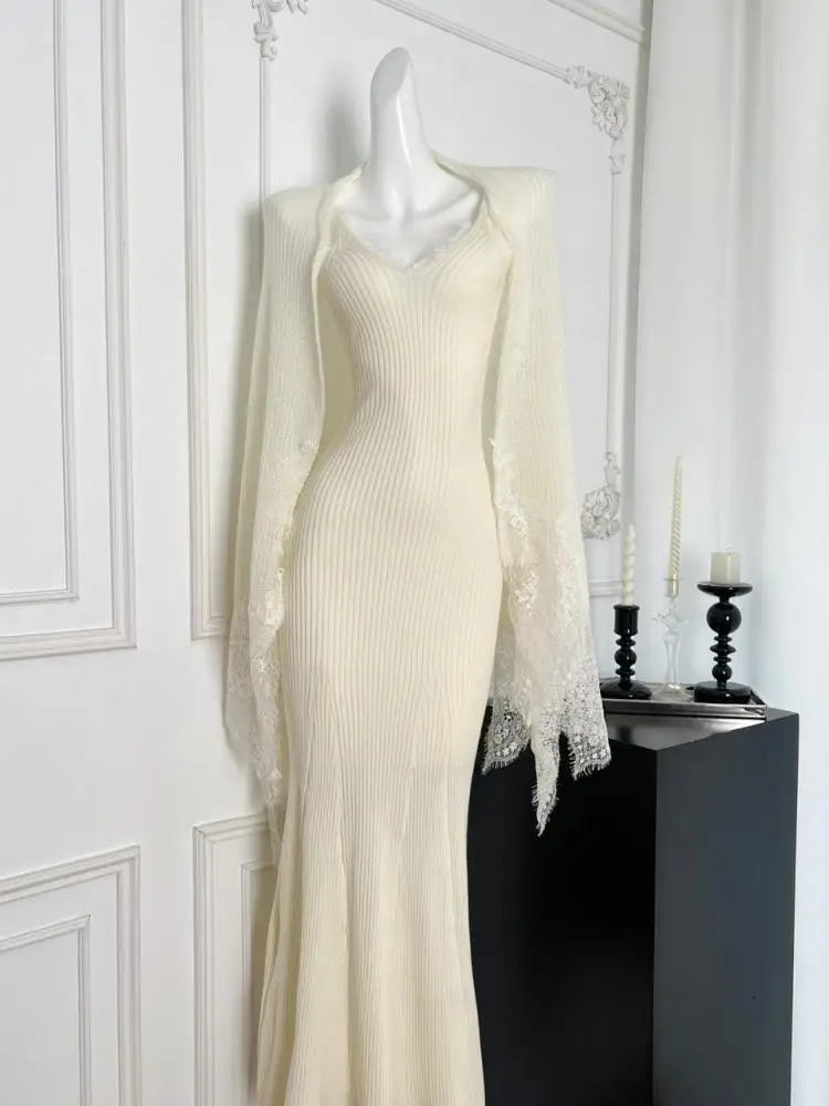 

Корейские женские осенне-зимние 2024, новое бежевое кружевное платье на пуговицах, элегантные топы с шалью и v-образным вырезом, вязаное длинное платье-рыбий хвост, костюм из двух предметов