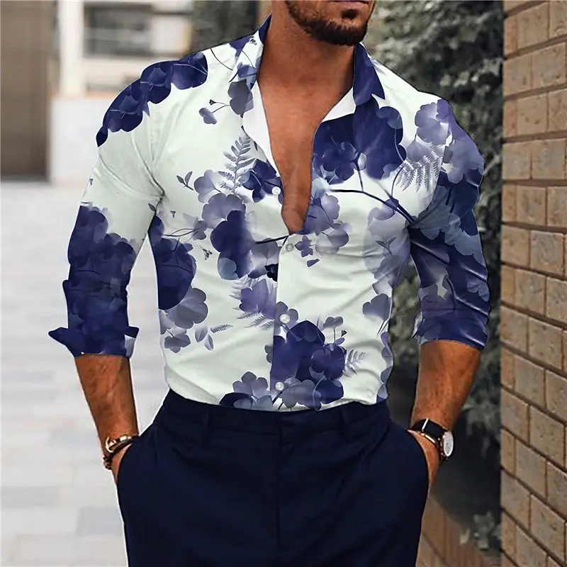 Men\'s shirt floral pattern lapel top outdoor street long-sleeved shirt button design casual and breathable 2024 new style hot sa