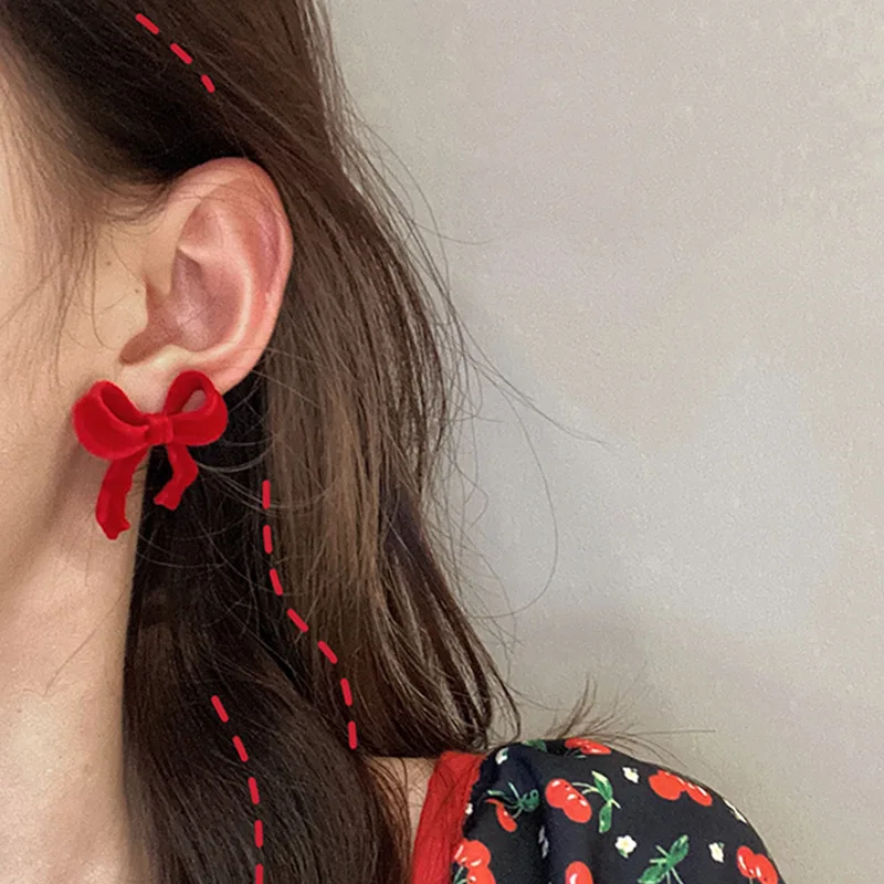 French New Stud Earrings Red Velvet Alloy Bowknots Sweet Velvet Earrings Jewelry Accessories Gift