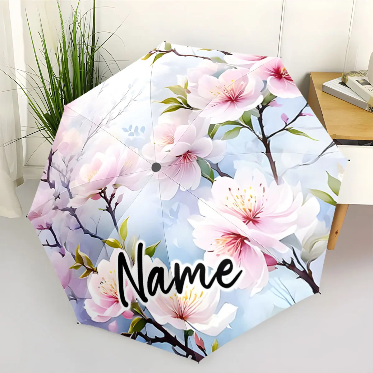 Custom Name Umbrella Floral Elegance on the Umbrella Canvas Print 8 Iron Ribs Folding Umbrella Auto-Open Fashion Sunshade