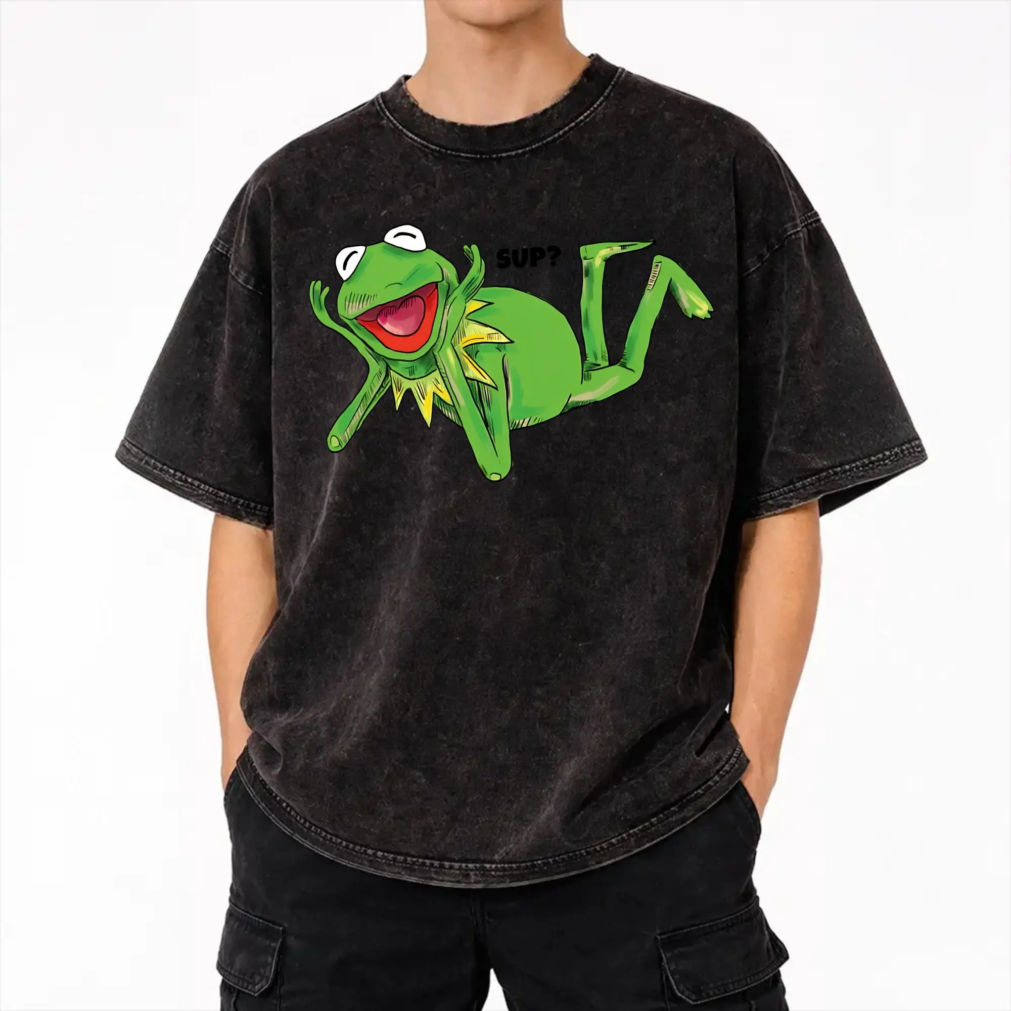 Graphic Printed Kermits the Frog Washed T Shirts Accessories Harajuku T-Shirts  Men Women Tees