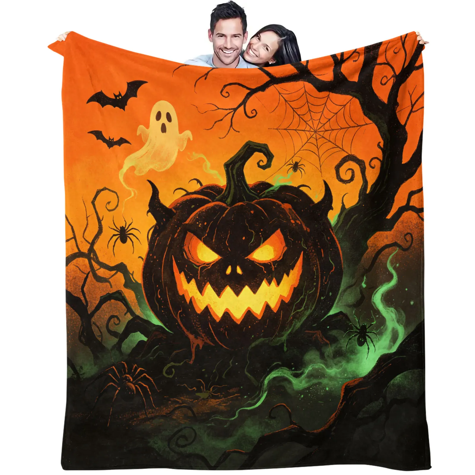 Halloween Flannel Throw Blanket Evil Horned Pumpkin Ghost Bat Spider Spooky Tree Print Soft Warm Blanket for Sofa Bed Camping