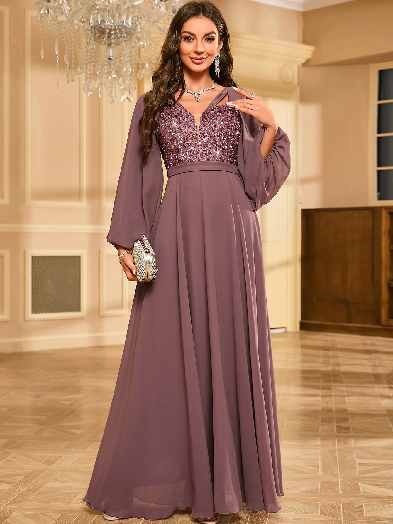 UNITHORSE  Elegant V-neck lantern sleeve sequin embellished chiffon evening gown dress for women