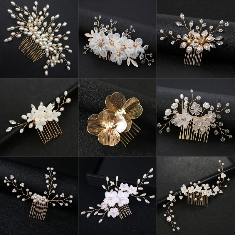 Hot Sale Gold Color Tiara Hair Combs For Women Bride Cheap Pearl Crystal Headpiece Wedding Hair Accessories Bridal Jewelry