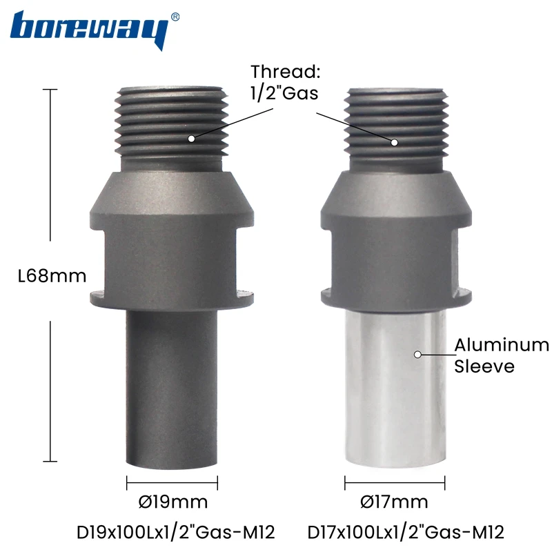 Boreway 다이아몬드 드릴 비트용 연마기 비트 샤프트 어댑터, 1/2 인치 가스 또는 M12 스레드, D19x68L/100L