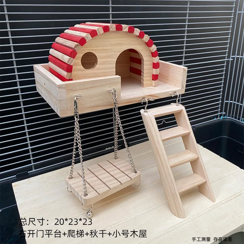 Two-story Solid Wood Hamster King Quail Shelter House Hideout with Platform Ladder Swing Chewing Toy Cage Landscape Decoration