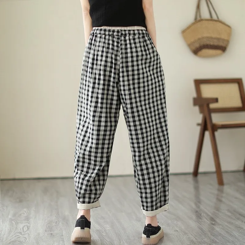 Nouveau rétro ample coton lin Plaid taille élastique lanterne pantalon pour l'été printemps 2025 pantacourt à la mode poche pantalon