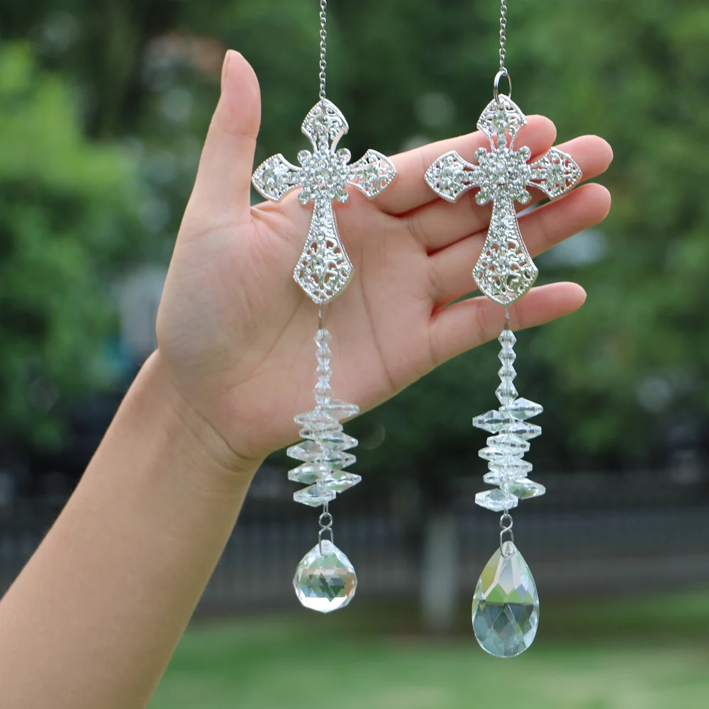 Window Hanging Crystals Suncatcher,Rainbow Prisms Pendant for Crystals Metal Cross Shape Wind Chimes for Window