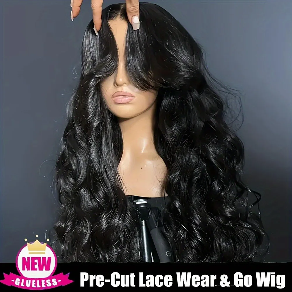 250% Density Glueless Human Hair Lace Front Wig - 13x4 Pre Plucked & Pre Cut 3D Dome Cap with Bleached Knots, Natural Black Body image 2