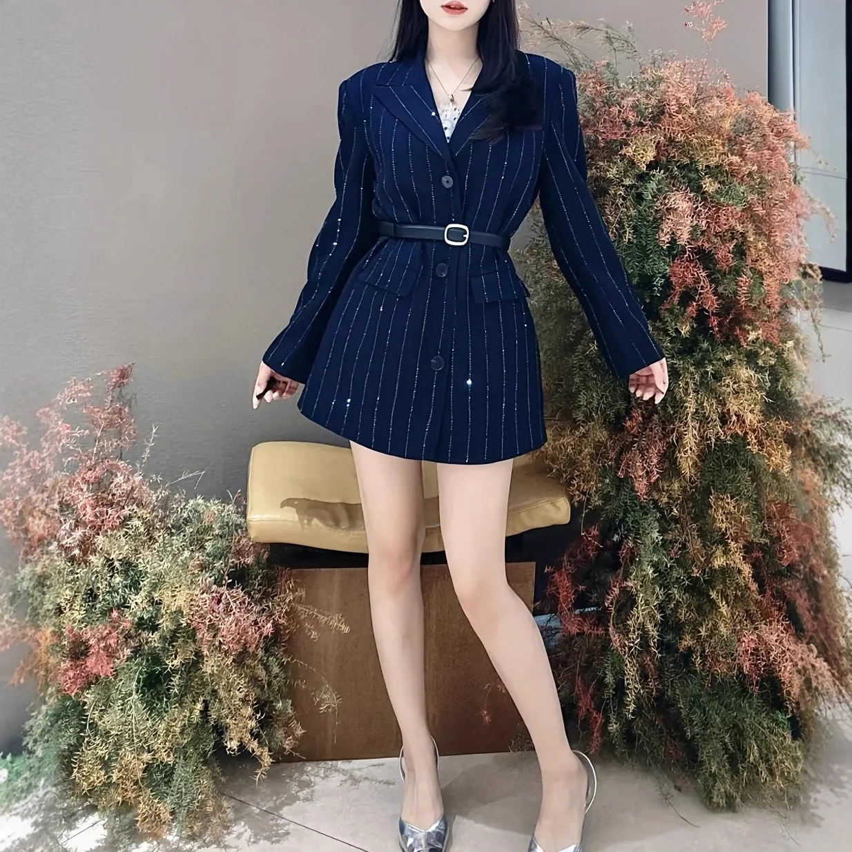 Women's dark blue diamond striped suit jacket with long sleeves, single breasted slim fit, elegant blazer for women
