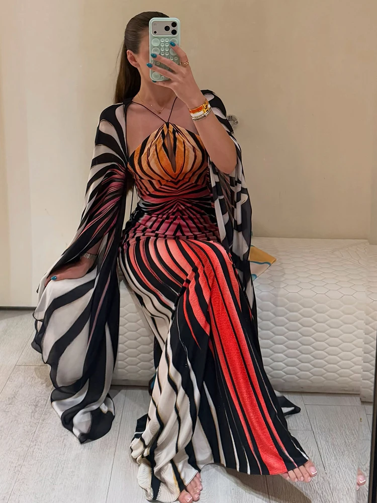 Weird Puss Buntes gestreiftes langes Kleid für Damen, mit Schnürung, Neckholder, rückenfrei, Fledermausärmel, Mitternachts-Abendkleid, Partykleid, gerafft, elegantes Vestido – Detail 13