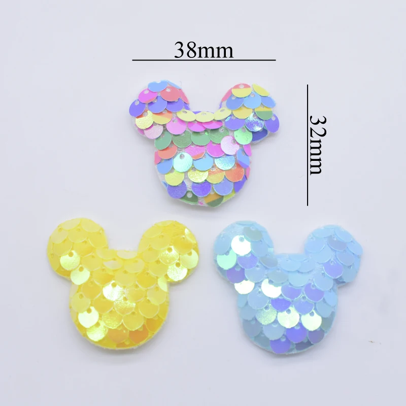 32Pcs 38*32mm Bling Seaquins Mouse Head Padded Appliques for DIY Headwear Hair Clips Bow Decor Clothes Hat Shoes Sewing Patches