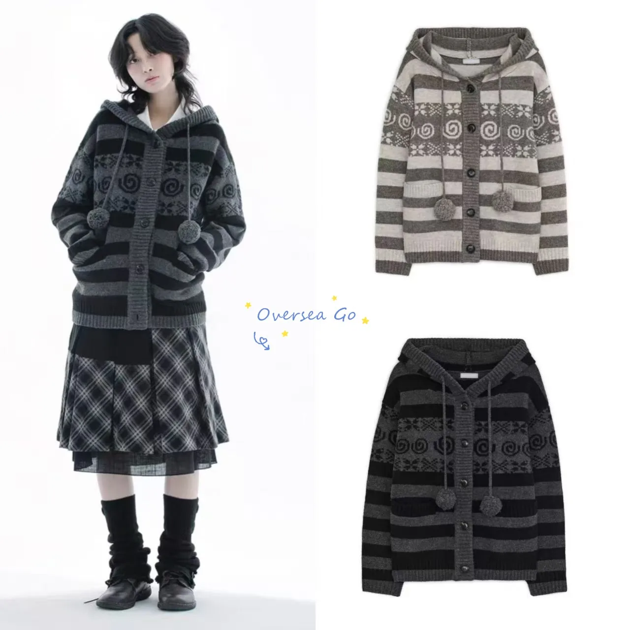 

Hugyourskin Autumn Winter New Style Women's Knitted Cardigan Hooded Striped Button Coat Warmth Outerwear Korean Loose Fit Lon...