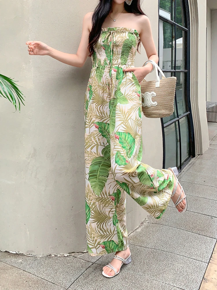 2024 New Summer Women Casual Holiday Beach Rompers Bohemian Leaf Print Jumpsuits Sleeveless Sexy Long Jumpsuit