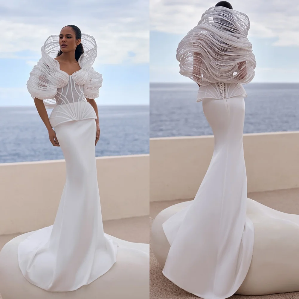 

Customized Exquisite White Satin Wedding Dress High Quality Strapless Short Sleeves Dress Chapel Train Mermaid Bridal Gowns